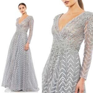 Mac Duggal Gown Embellished Illusion Long Sleeve Wrap Platinum Size 4 NWT 20189